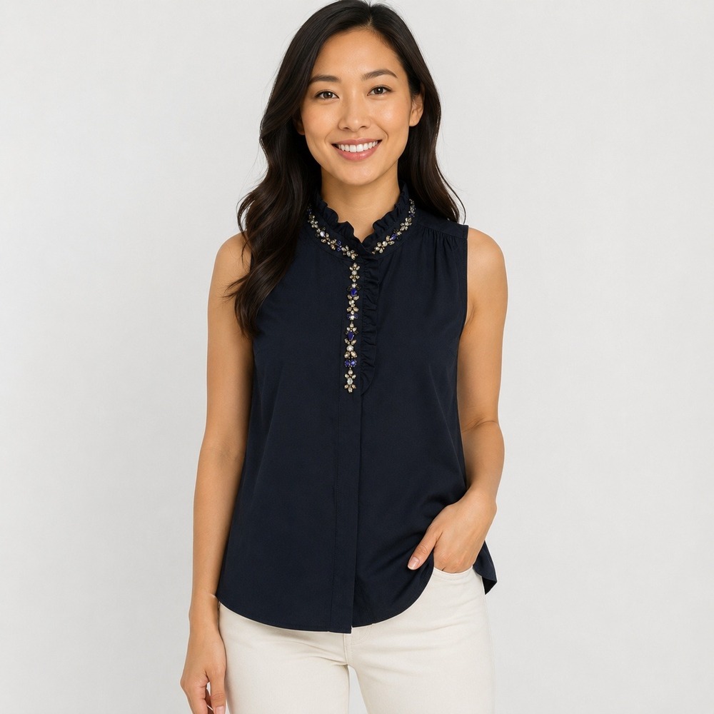 J.Crew Navy Jeweled Ruffle Neck Sleeveless Cotton Blouse NWT Women's 00